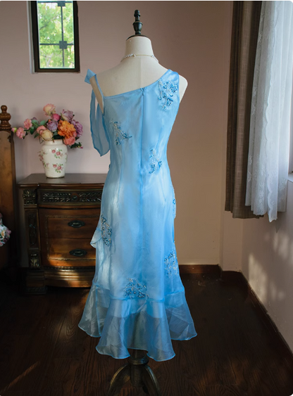 Niedliches blaues perlenbesetztes Rüschenkragen-Kleid für Geburtstagsfeier und Heimkehr P3483