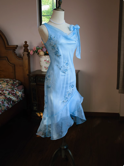 Niedliches blaues perlenbesetztes Rüschenkragen-Kleid für Geburtstagsfeier und Heimkehr P3483