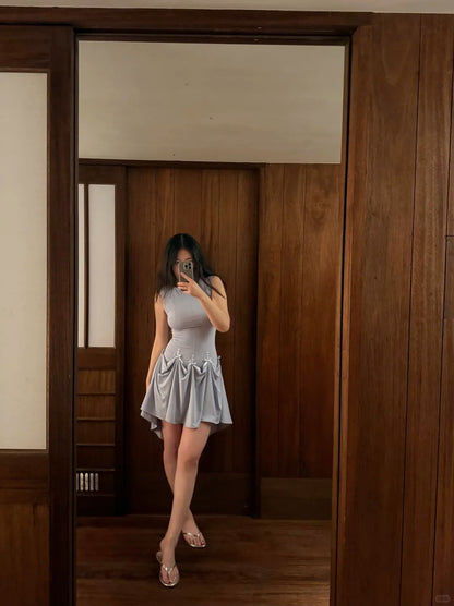 Elegantes, ärmelloses, hoch elastisches A-Linien-Minikleid mit Rundhalsausschnitt in Lila für Geburtstagsparty und Heimkehr P3485