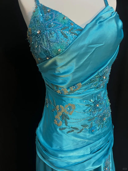 Vintage blaues, perlenbesetztes, langes Satin-Ballkleid mit Spaghettiträgern P3489