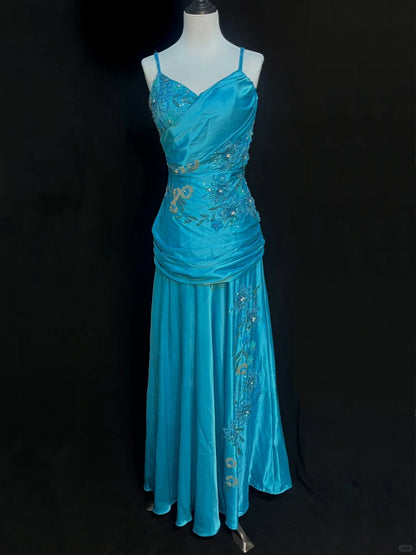 Vintage blaues, perlenbesetztes, langes Satin-Ballkleid mit Spaghettiträgern P3489