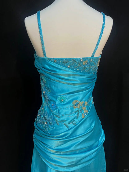 Vintage blaues, perlenbesetztes, langes Satin-Ballkleid mit Spaghettiträgern P3489