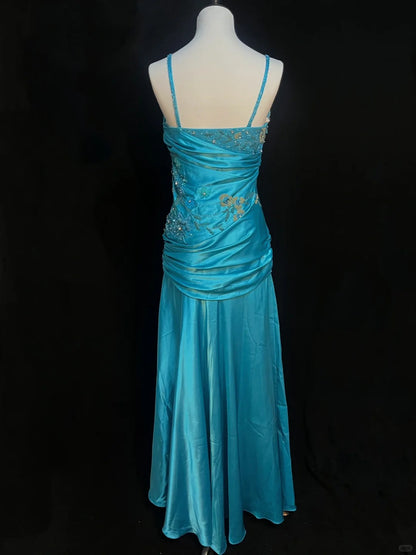 Vintage blaues, perlenbesetztes, langes Satin-Ballkleid mit Spaghettiträgern P3489