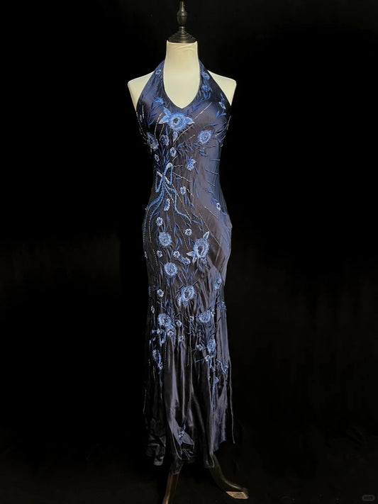 Elegant Navy Halter Neck Embroidered Satin Long Prom Dress P3490