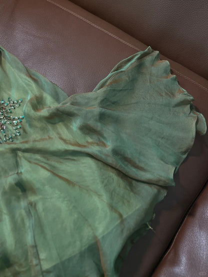 Robe de bal sirène élégante en mousseline vert avec bretelles spaghetti et perles P3491