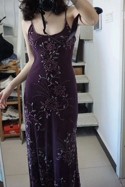 Elegantes lila U-Boot-Ausschnitt Chiffon Perlen Spaghetti-Träger Ballkleid P3493