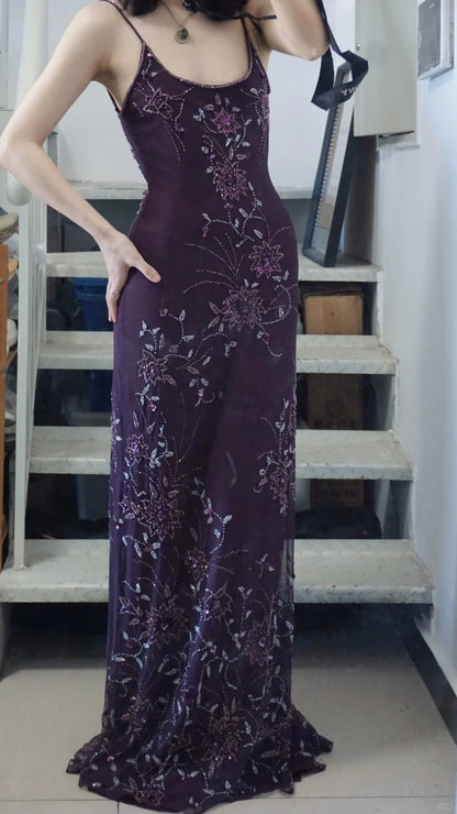 Elegantes lila U-Boot-Ausschnitt Chiffon Perlen Spaghetti-Träger Ballkleid P3493