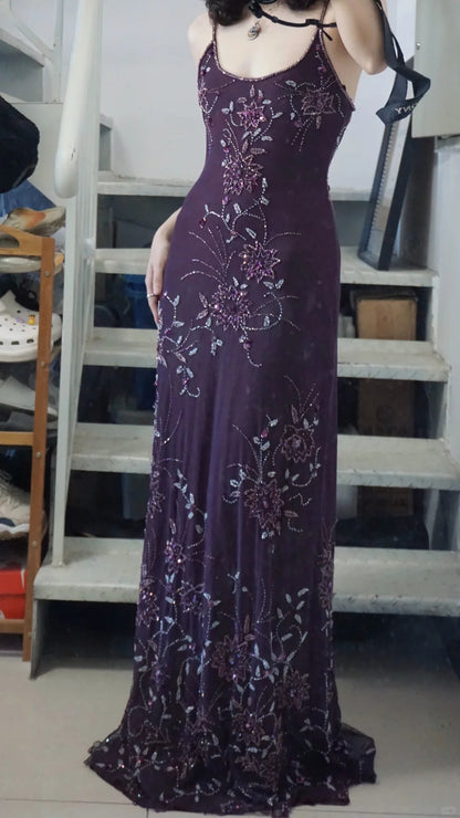 Elegantes lila U-Boot-Ausschnitt Chiffon Perlen Spaghetti-Träger Ballkleid P3493