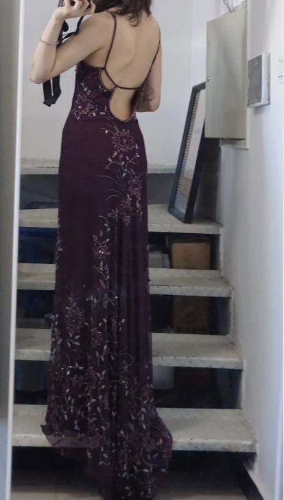 Elegant Purple U-neck Chiffon Beaded Spaghetti Strap Prom Dress P3493