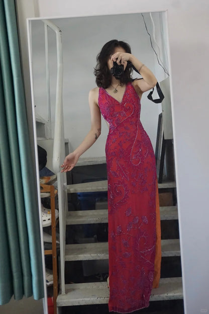 Beautiful Pink Backless Halter Neck High Slit V-neck Prom Dress P3494 PreppyDress Beautiful Pink Backless Halter Neck High Slit V-neck Prom Dress P3494 PreppyDress