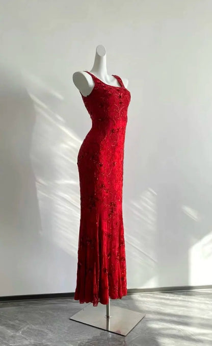 Stunning Red Square Neck Sleeveless Beaded Mermaid Prom Dress P3503 –  PreppyDress