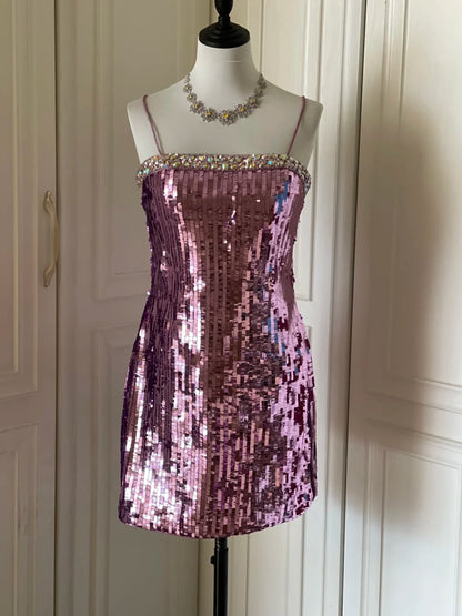Glitzerndes Spaghettiträger Lila Pailletten Eng Anliegendes Mini Geburtstagsparty Homecoming Kleid P3504