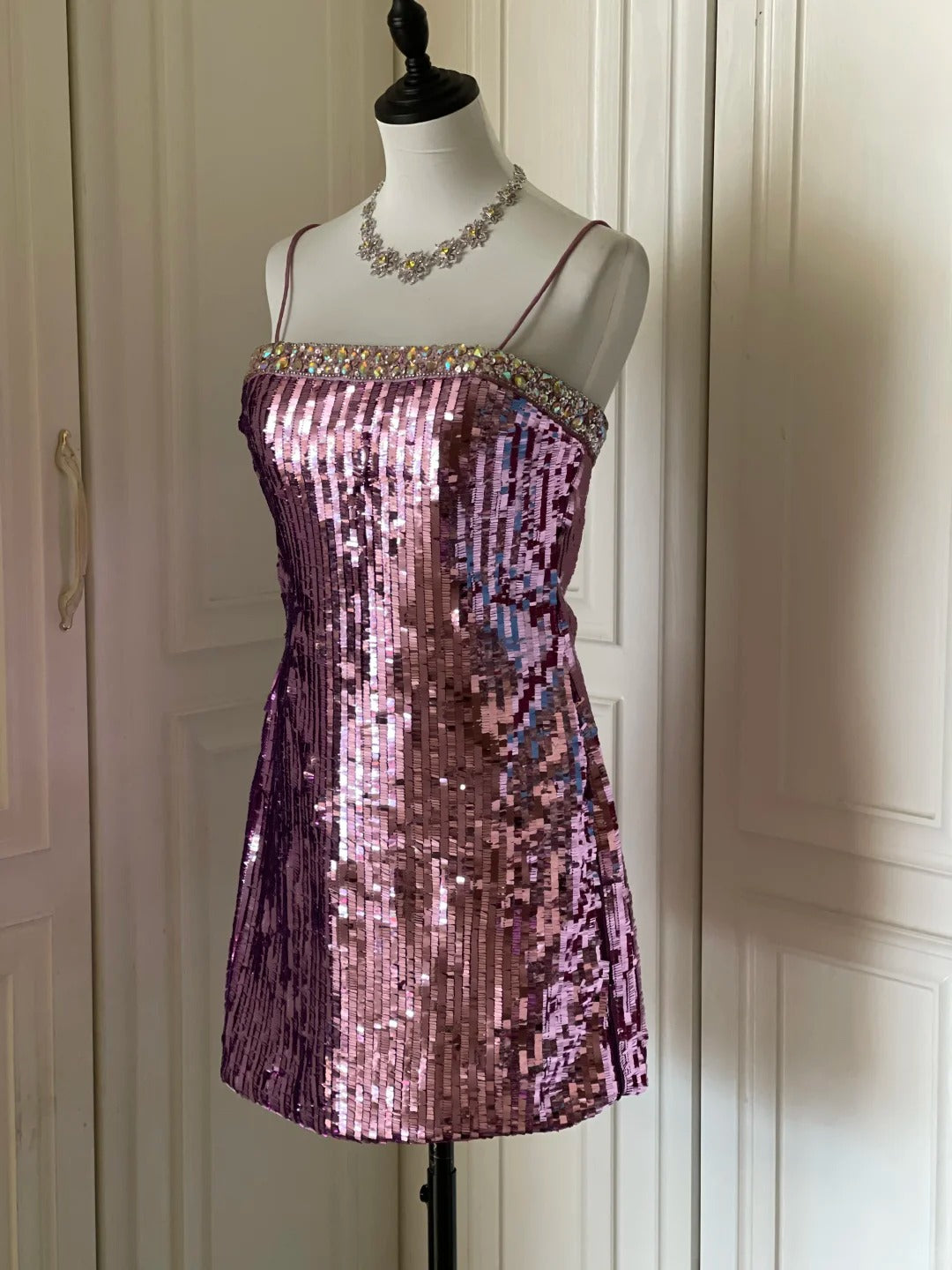 Sparkling Spaghetti Strap Purple Sequin Slim Fit Mini Birthday Party Homecoming Dress P3504