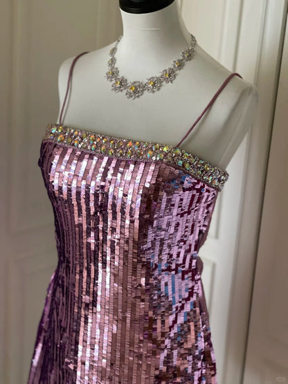 Glitzerndes Spaghettiträger Lila Pailletten Eng Anliegendes Mini Geburtstagsparty Homecoming Kleid P3504