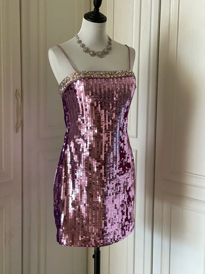 Glitzerndes Spaghettiträger Lila Pailletten Eng Anliegendes Mini Geburtstagsparty Homecoming Kleid P3504
