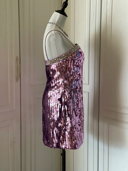 Glitzerndes Spaghettiträger Lila Pailletten Eng Anliegendes Mini Geburtstagsparty Homecoming Kleid P3504