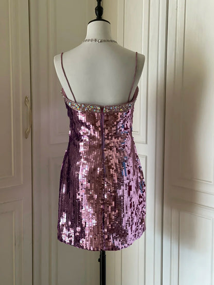 Glitzerndes Spaghettiträger Lila Pailletten Eng Anliegendes Mini Geburtstagsparty Homecoming Kleid P3504
