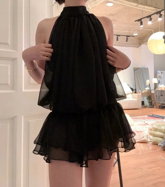 Simple Black Turtleneck Off-The-Shoulder Chiffon Mini Homecoming Dress P3508