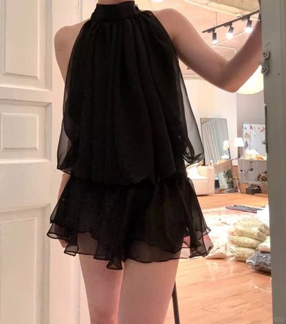 Einfaches schwarzes Rollkragen-Schulterfreies Chiffon-Minikleid für das Homecoming P3508