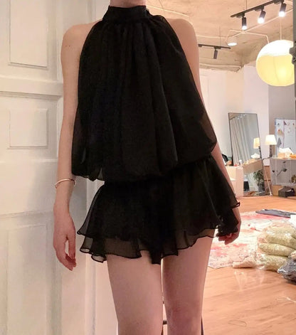 Einfaches schwarzes Rollkragen-Schulterfreies Chiffon-Minikleid für das Homecoming P3508