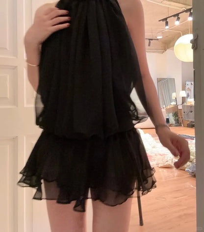 Einfaches schwarzes Rollkragen-Schulterfreies Chiffon-Minikleid für das Homecoming P3508