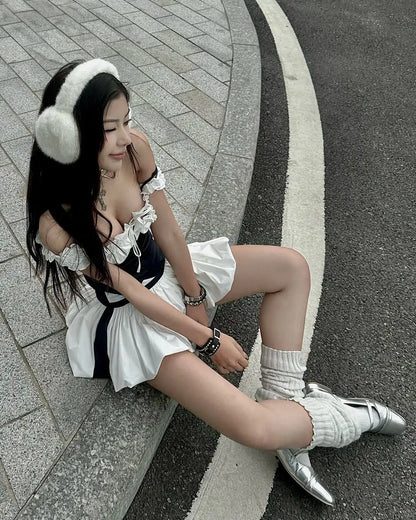 College Style Black And White Splicing Flower Bud Skirt 20th Birthday Homecoming Dress P3514