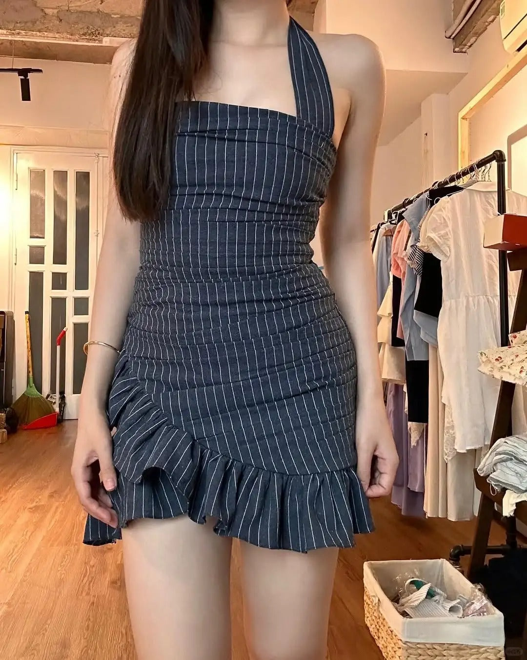 Chic Grey Striped Halter Neck Irregular Hem Homecoming Dress P3516