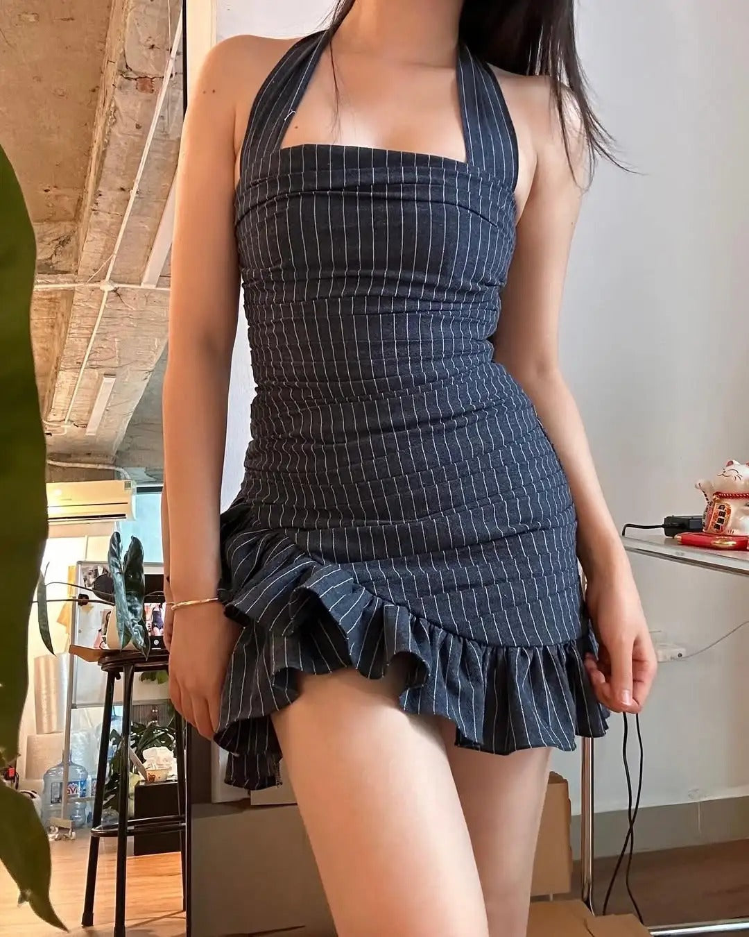 Chic Grey Striped Halter Neck Irregular Hem Homecoming Dress P3516