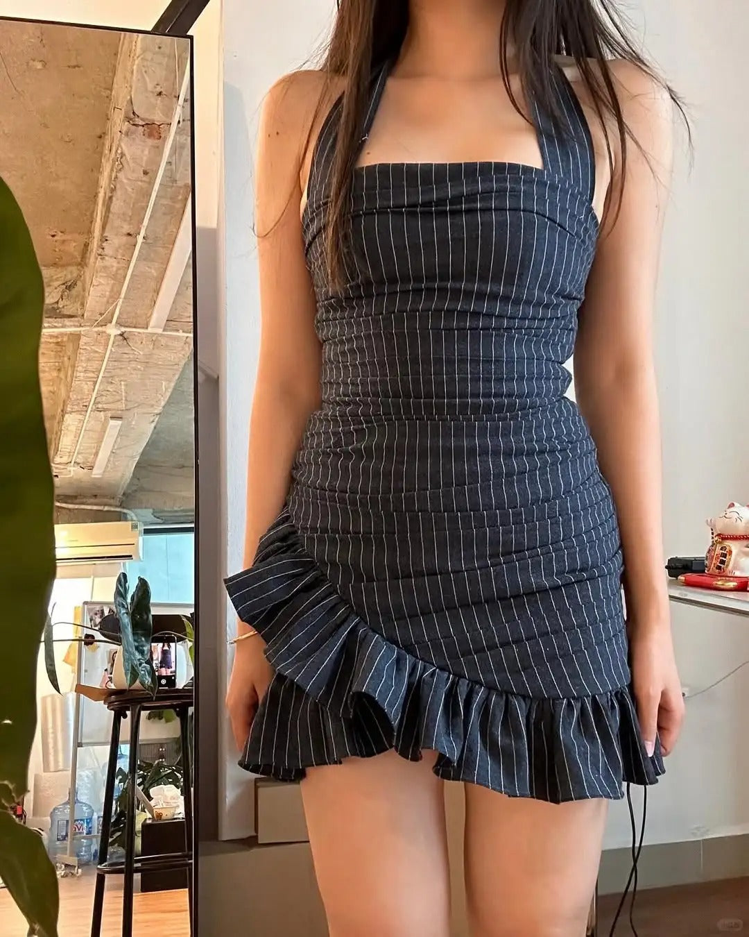 Chic Grey Striped Halter Neck Irregular Hem Homecoming Dress P3516