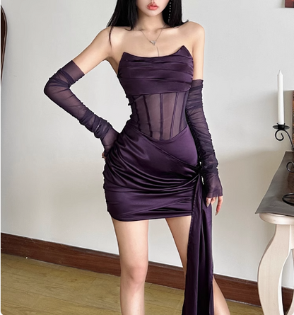 Robe de bal de 22e anniversaire moulante en satin à chevrons violette et charmante P3522