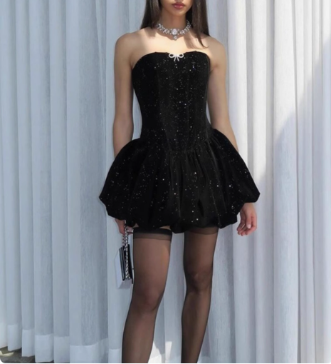 Sparkling Strapless Black Sequined Princess Mini 17th Birthday Homecoming Dress P3524