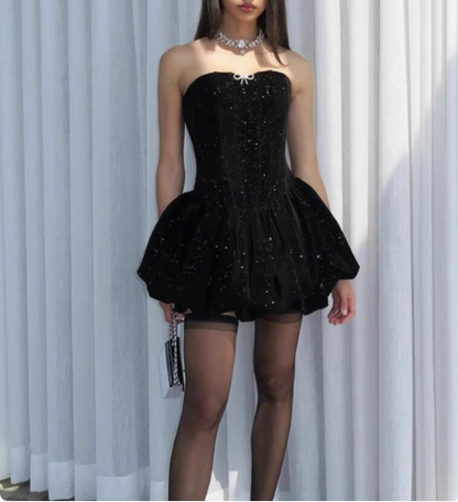 Glitzerndes trägerloses schwarzes Pailletten-Prinzessin-Minikleid zum 17. Geburtstag Homecoming P3524