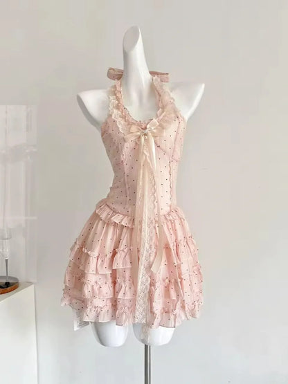 Süßes rosa gepunktetes Neckholder A-Linien Minikleid zum 16. Geburtstag P3533