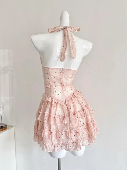 Süßes rosa gepunktetes Neckholder A-Linien Minikleid zum 16. Geburtstag P3533