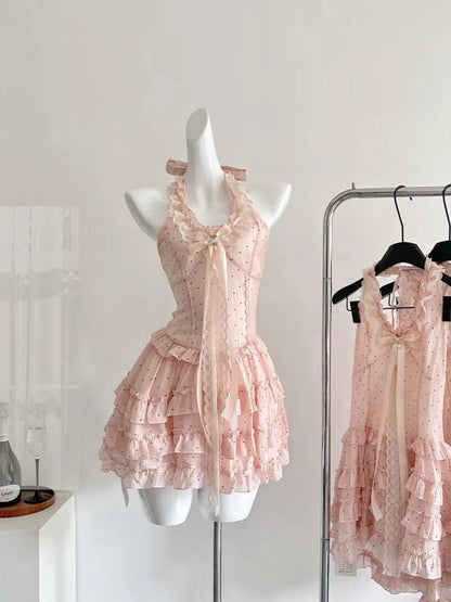 Süßes rosa gepunktetes Neckholder A-Linien Minikleid zum 16. Geburtstag P3533