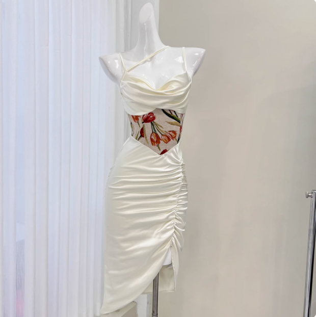 Sexy Satin Halter Waist Print Mermaid Homecoming Dress P3539