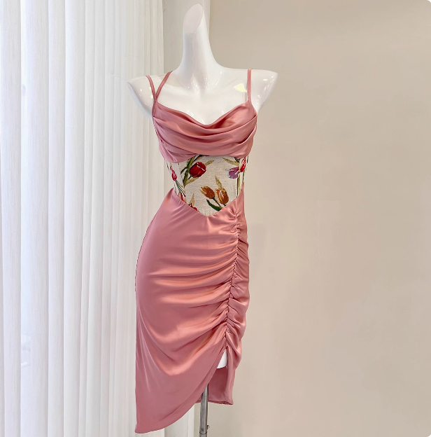 Sexy Satin Halter Waist Print Mermaid Homecoming Dress P3539