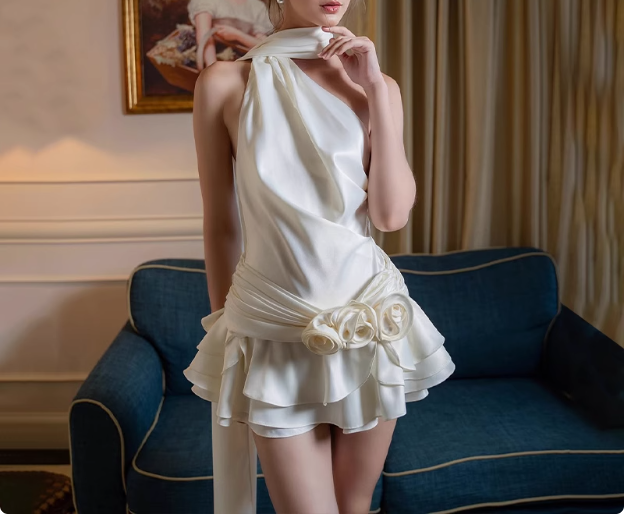 Beautiful Floral Off-the-shoulder Halter Neck Ribbon Ruffled A-line Homecoming Dress P3542