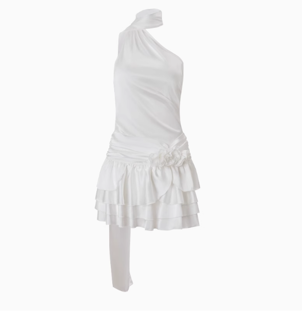 Beautiful Floral Off-the-shoulder Halter Neck Ribbon Ruffled A-line Homecoming Dress P3542