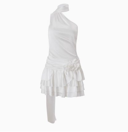 Beautiful Floral Off-the-shoulder Halter Neck Ribbon Ruffled A-line Homecoming Dress P3542