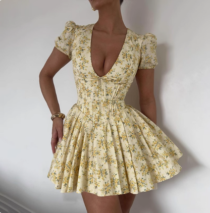 Sweet Floral Bubble Short Sleeves Sexy V-neck Waist A-line 17th Birthd PreppyDress Sweet Floral Bubble Short Sleeves Sexy V-neck Waist A-line 17th Birthd PreppyDress