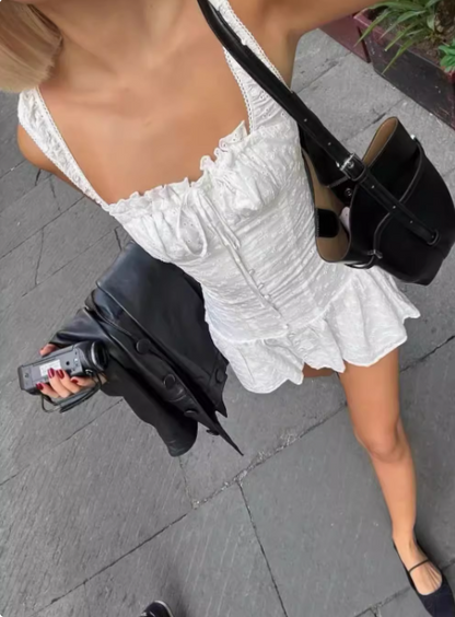 Niedliches weißes, besticktes, quadratisches Dekolleté, schmal geschnittenes Träger-Minikleid für den Abschlussball P3552