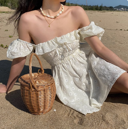 Sweet Puff Sleeves One-shoulder Neck Ruffled Daisy Embroidered Mini Homecoming Dress Homecoming Dress P3555