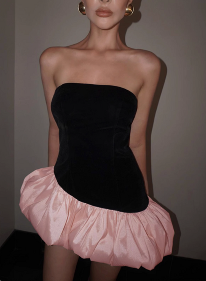 Retro Kontrastfarben-Steppnähte Tube Top Blütenknospe Minikleid zum 17. Geburtstag Homecoming-Kleid P3556