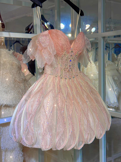 Glänzendes pinkfarbenes, perlenbesetztes Sling-Blütenrock-Prinzessinnen-Heimkehrkleid zum 17. Geburtstag P3564