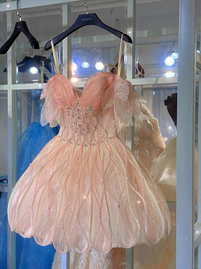 beach forest pink off the shoulder mini dress Vintage Pink Beaded Homecoming Dress A-Line Satin Party Dress Short Co –  DSProm