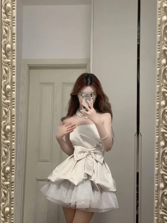 Cute White Strapless Bow Satin Tulle Mini 17th Birthday Homecoming Dress P3566