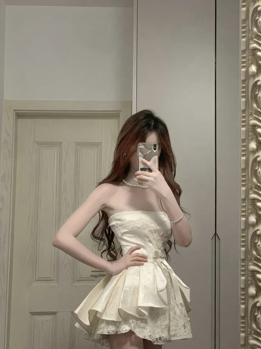 Sweet Tube Top Bow Lace Waist Mini 17th Birthday Homecoming Dress P3567