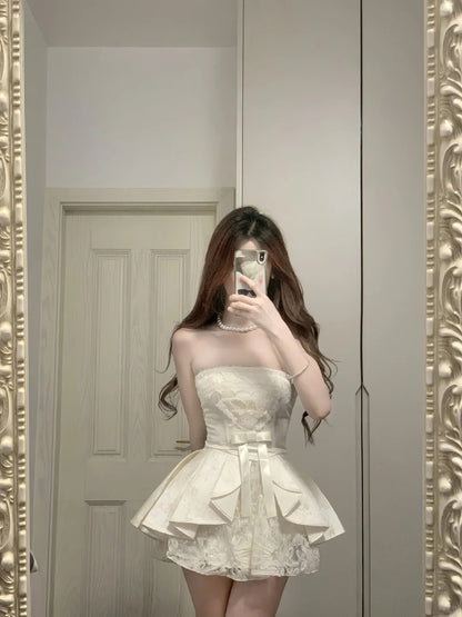 Sweet Tube Top Bow Lace Waist Mini 17th Birthday Homecoming Dress P3567