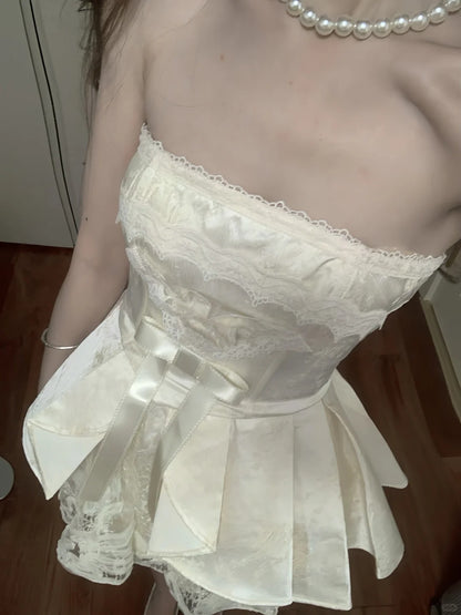 Sweet Tube Top Bow Lace Waist Mini 17th Birthday Homecoming Dress P3567